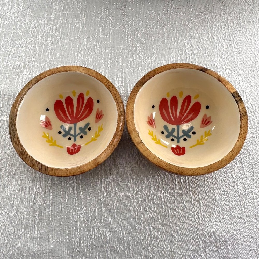 Danica Studio Frida Mango Wood Trinket Bowls With Handpainted Floral Design 4.5"